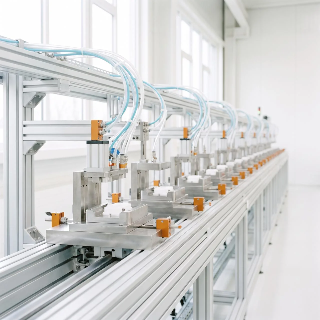A series of production stations with pneumatic equipment